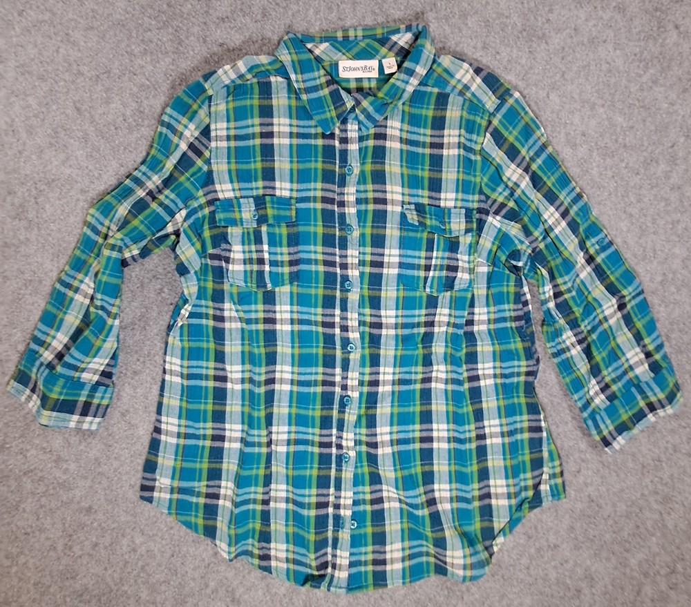 St Johns Bay Womens Blue Green Gauze Cotton Blouse Top Large LARGE L