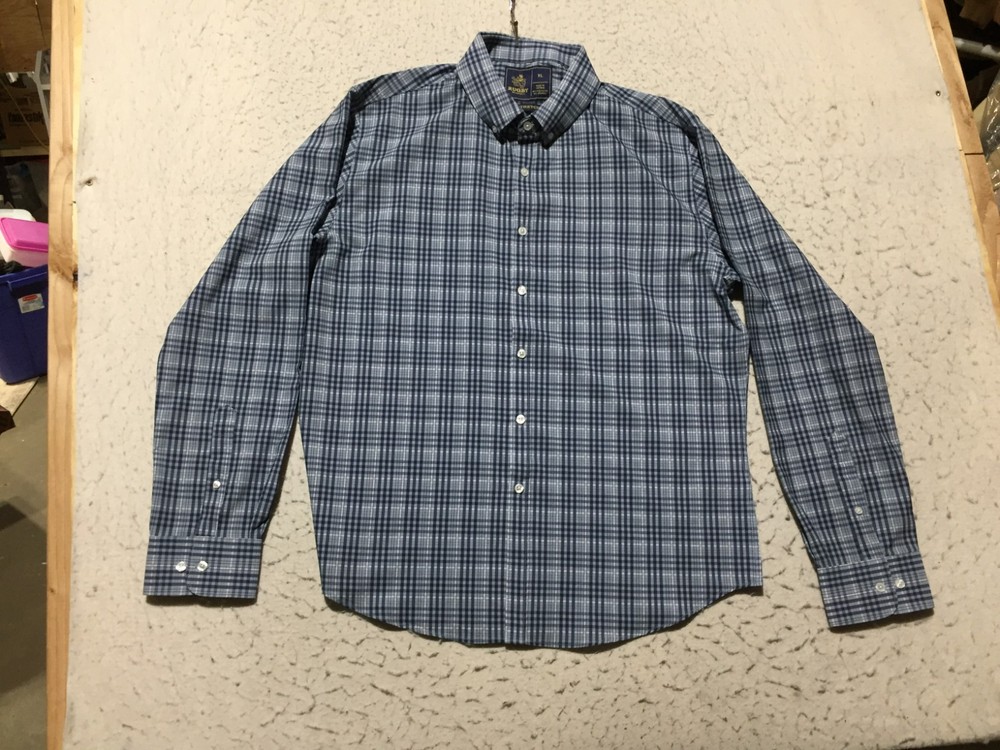 Rugby University Button Shirt Mens XL Stretch Blue Check Long Sleeve Collared