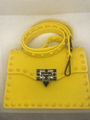 Yellow Studded Satchel Top Handle Bag w/ Detachable Strap, Latch, Silver HW