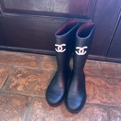 without box Chanel Black White Rubber Rain Boots Wellies 38 US 7 Made In G2U