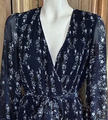 1.STATE Pleated Wrap Dress Ruffle Long Sleeve Navy Blue Faux Mini Sz 0 New Sheer