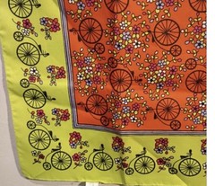 Vintage Italian 1970s Mod Bicycle & Floral Scarf – 19.5″ Square – Orange & Lime