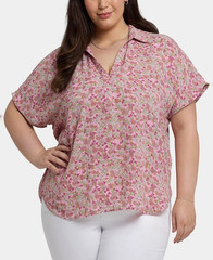 NYDJ Becky Split Neck Floral Georgette Blouse 1X Summer Rose Pink Dolman Sleeve