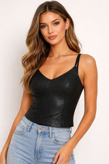 Women’s Genuine Lambskin Black Leather Halter Top — Fitted, Soft & Elegant