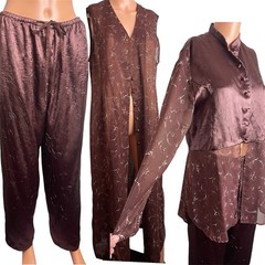 Vintage RICK Korean 3 Piece Outfit Brown Satin Floral Duster Pants Set Long Vest