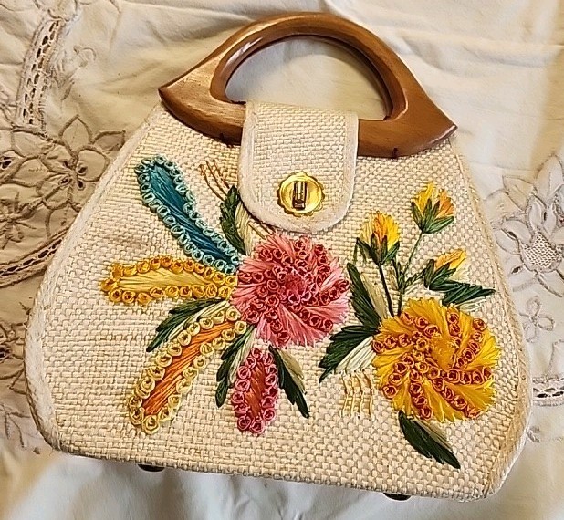 Vtg Straw Handbag Purse Bags by Whidby Embroidered Flowers Made In Philippines