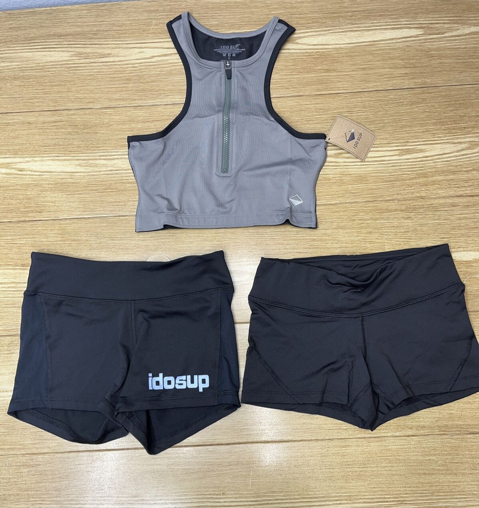Womens Gym Top & Shorts 3 Piece Set Racerback Stretch Workout Activewear Small