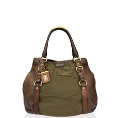 Prada Tote Bag Dark Brown Green Tessuto Nylon Vitello Daino (ya042326c4)