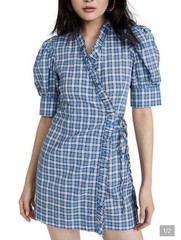 Ganni Blue/White Plaid Wrap Mini Dress
