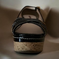 PRADA Black Patent Leather Slingback Wedge Sandals Cork Heel Size EU 39