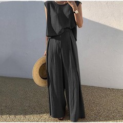 Women’s Cotton Linen Two Piece Set Sleeveless Top Wide Leg Pants Casual Outfit
