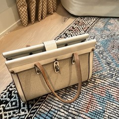 Mark Cross Woven Beige/Cream Satchel Top Handle Buckle Closure Gold HW