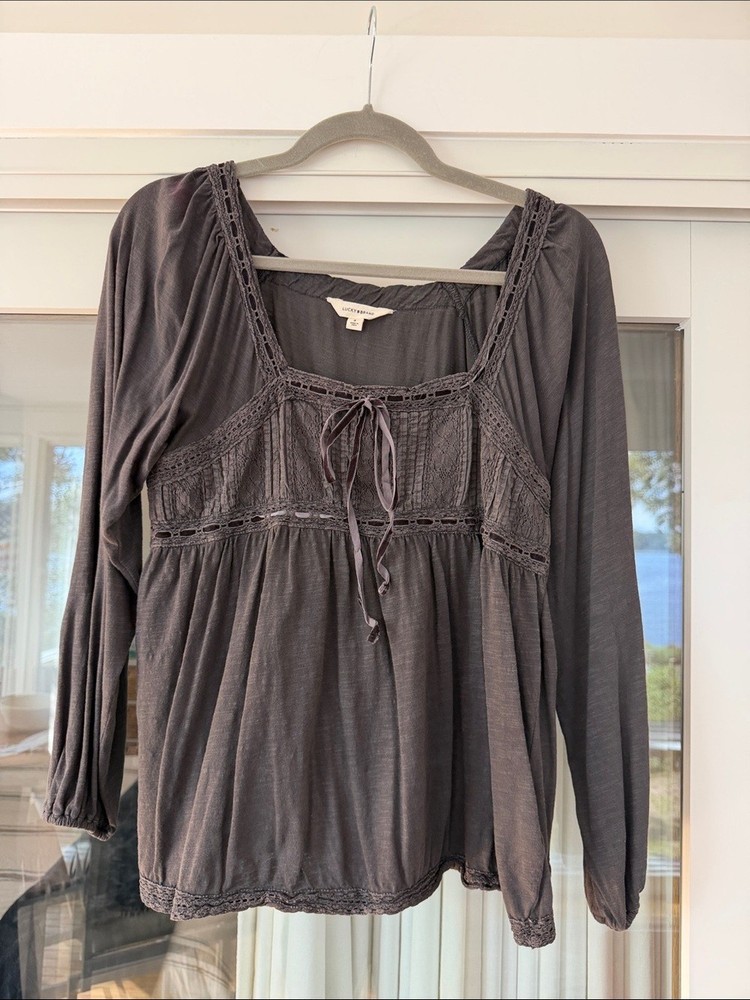 Lucky Brand Charcoal Crochet-Trim Peasant Blouse
