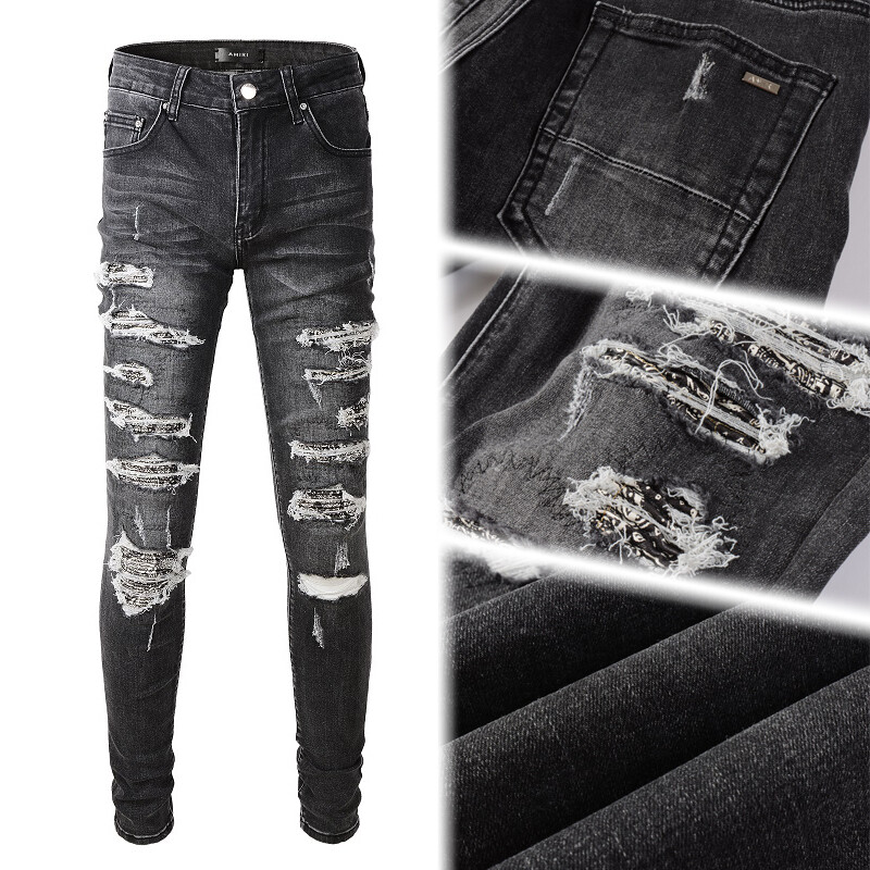 Men’s Skinny Stretch Jeans Mid-Rise Gray Laser Rips Eco Wash & Comfort Fit