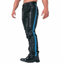 Men Real Sheepskin Black Leather Blue Strap Stylish Biker Pant Motorbike Trouser