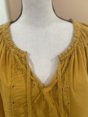 Old Navy Mustard Yellow Eyelet Peasant Tie Neck Balloon Sleeve Blouse – Large