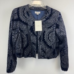 Robin Howe Navy Blue Silk Blend Velvet Burnout Damask Cropped Blazer 10 NWT