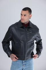 Men’s Genuine Leather Cafe Racer Jacket Black Zip Point Collar 25″ – 65cm