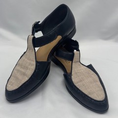 Westies T-Strap Flats Womens 8M Navy Blue Leather Linen Vintage Excellent Brazil