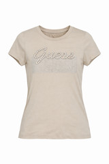 Women’s GUESS Logo T-Shirt Rhinestone Embellished Beige Size S New Without Tags