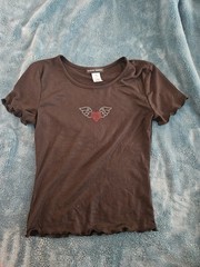 Perfectly Imperfect Black Rib Knit Rhinestone Heart Wings Scoop Neck Tee L