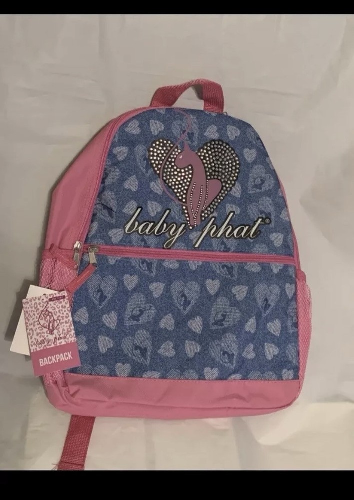 BNWT BABY PHAT Backpack Pink Blue Hearts Rhinestone Bling Zipper Mesh *FREE SHIP