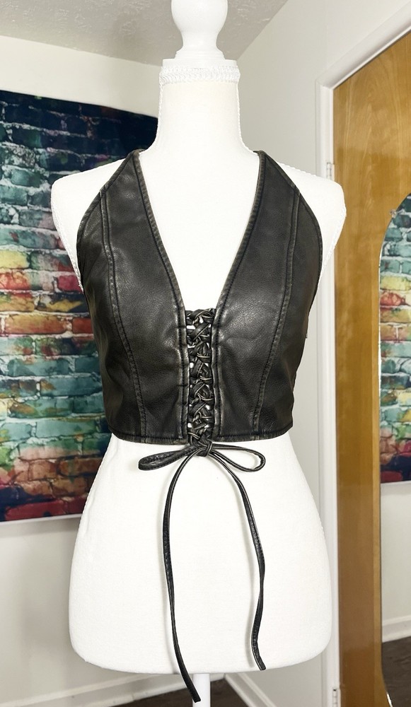 Silence + Noise Womens Size SP Faux Leather Halter Crop Top w/ Lace-Up Front