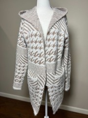 NEW ZEVA Cream/Brown Patterned Hooded Open Front Cardigan Sweater Knit Women M