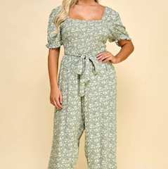 NWT AS U WISH Plus Size Jumpsuit Sage with Cream Flowers Belted Plus Size 1X