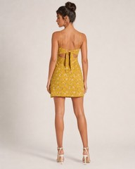 Women’s Yellow Floral Straight Neck Strappy Tie Back Cutout Mini Dress Size S