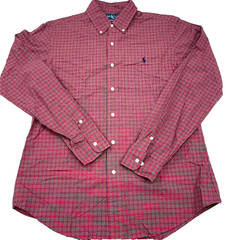 Ralph Lauren Shirt Men 15.5 34 Red Blue Button Up Custom Fit Plaid Dress Poplin