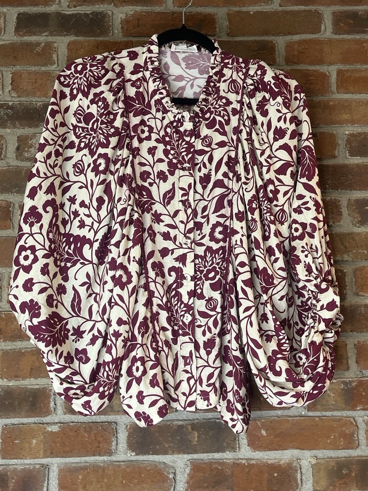 &merci Women’s Peasant Blouse S White Purple Floral Puff Long Sleeve Round Neck