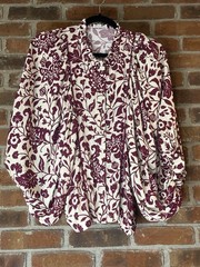 &merci Women’s Peasant Blouse S White Purple Floral Puff Long Sleeve Round Neck