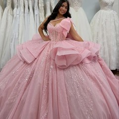 Light Pink Shiny Quinceanera Dress Applique Lace Beaded Bow Off Shoulder Sweet16