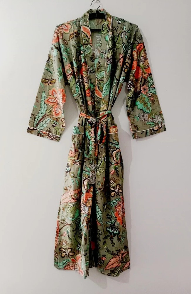 Indian Floral Printed 100% Cotton Robe Long Kimono Sleepwear Night Kimono Dress