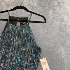 City Studio Fit & Flare Dress Womens XL Teal Black Metallic Ruffled Sash Halter