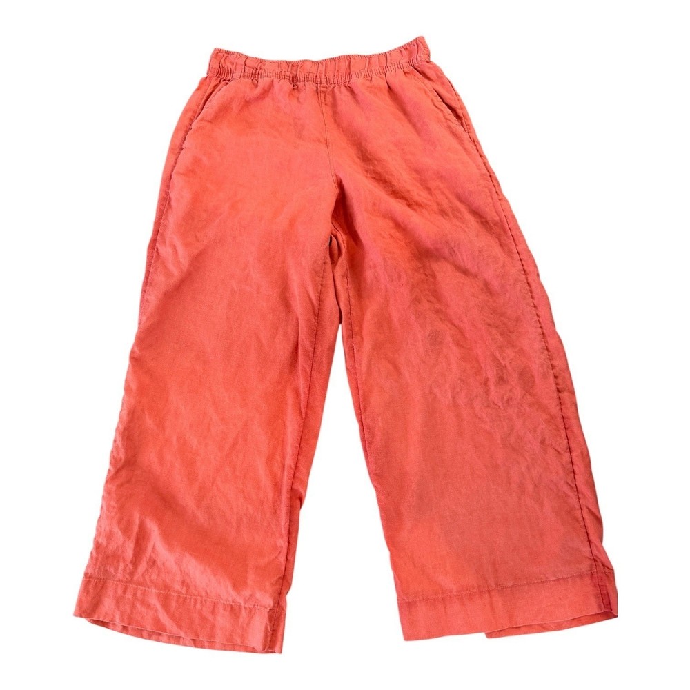 Tahari Womens Coral Orange 100% Linen Wide Leg Elastic Waist Crop Pants Size S