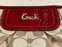 COACH Signature Logo Sateen Pleated Large Wristlet – Khaki / Garnet Red – NICE!