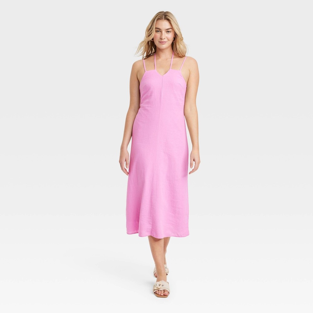 Target Pink Linen Midi Dress Womens Medium M Smocked Halter Tie Back Slip Summer
