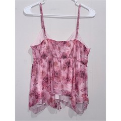 Almost Famous Pink Floral Mesh Handkerchief Babydoll Cami Top XL EUC