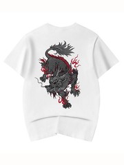 Niepce Men’s Dragon with Red Flames Embroidery Tee Japanese Streetwear T-Shirt