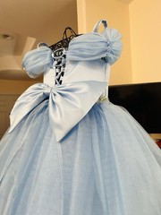 Girls Size 4 Blue Tulle Ball Gown Long Sleeveless Bow Beaded Rhinestone