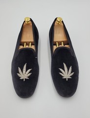 Daniel Cremieux Black Velvet Loafers w/ Hemp Leaf Hand Made in England Size 11