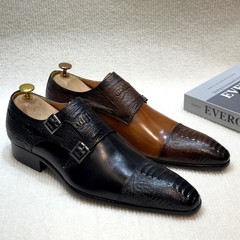 Real Leather Low Heel Pointy Toe Business Casual Mens Buckle Monk Shoes Oversize