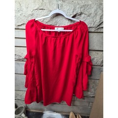Fever Womens Red Tiered Ruffle Bell Sleeve Blouse Elastic Scoop Neck Large
