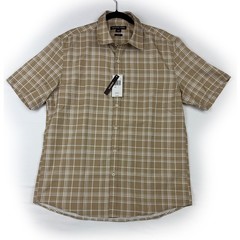Michael Kors Men’s Slim Fit Short Sleeve Shirt Beige Tan Plaid Stretch Large NWT