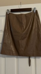 Women’s Khaki Leather Mini Skirt M Solid Drawstring Ruched Front Slit