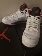 Jordan Air Jordan 5 Mid Top Leather Lace Up Basketball Sneaker White/Red/Black