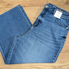 M&S Medium Washed Indigo Stretch Denim Wide Leg High Rise Cropped Crop JEANS 16
