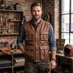 Mens Brown Leather Utility Vest Multi Pocket Snap Front Casual Outdoor Gilet